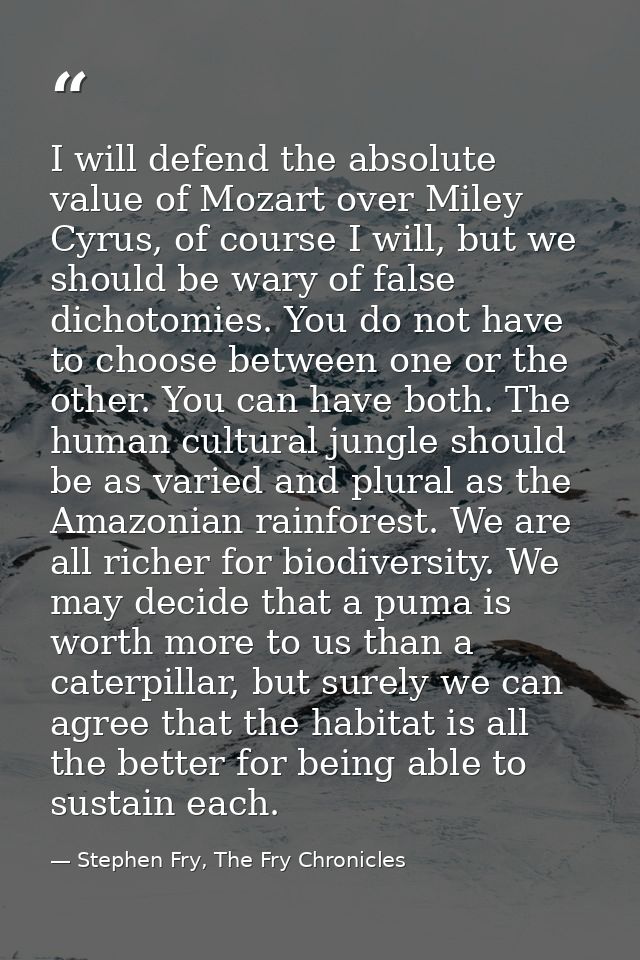 I will defend the absolute value of Mozart over Miley Cyrus, of course I will, but we should be wary of false dichotomie — Stephen Fry, The Fry Chronicles