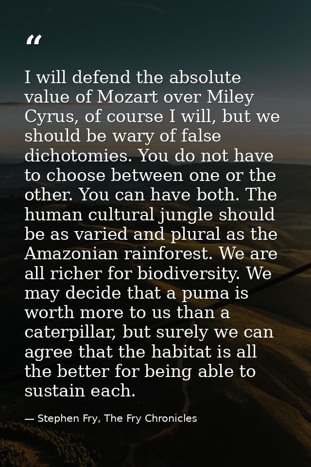 I will defend the absolute value of Mozart over Miley Cyrus, of course I will, but we should be wary of false dichotomie — Stephen Fry, The Fry Chronicles