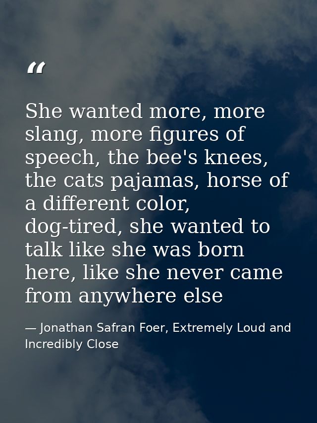 She wanted more, more slang, more figures of speech, the bee's knees, the cats pajamas, horse of a different color, dog- — Jonathan Safran Foer, Extremely Loud and Incredibly Close