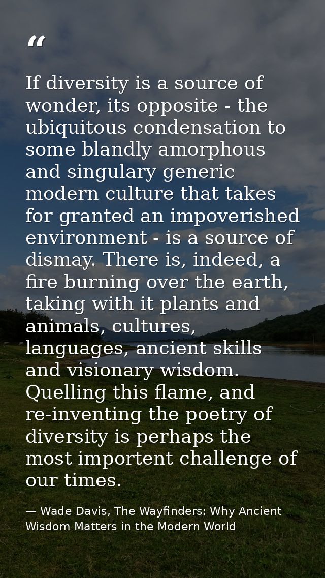 If diversity is a source of wonder, its opposite - the ubiquitous condensation to some blandly amorphous and singulary g — Wade Davis, The Wayfinders: Why Ancient Wisdom Matters in the Modern World