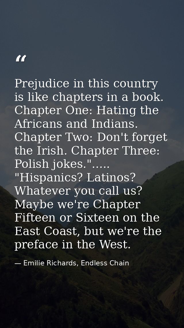 Prejudice in this country is like chapters in a book. Chapter One: Hating the Africans and Indians. Chapter Two: Don't f — Emilie Richards, Endless Chain
