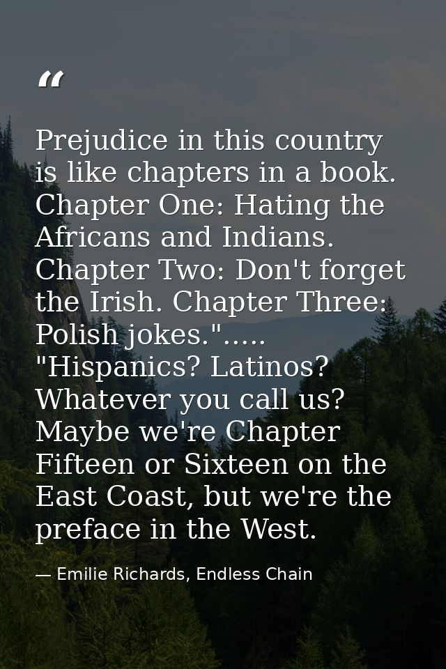 Prejudice in this country is like chapters in a book. Chapter One: Hating the Africans and Indians. Chapter Two: Don't f — Emilie Richards, Endless Chain