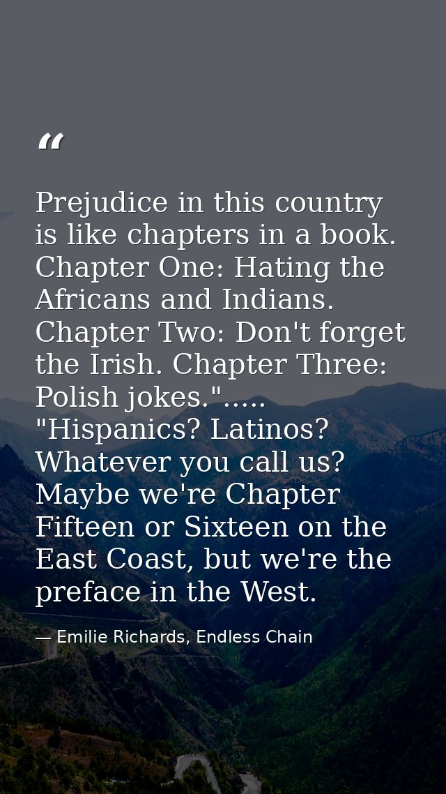 Prejudice in this country is like chapters in a book. Chapter One: Hating the Africans and Indians. Chapter Two: Don't f — Emilie Richards, Endless Chain