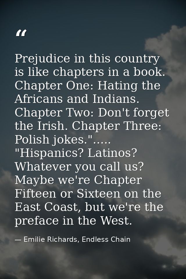 Prejudice in this country is like chapters in a book. Chapter One: Hating the Africans and Indians. Chapter Two: Don't f — Emilie Richards, Endless Chain