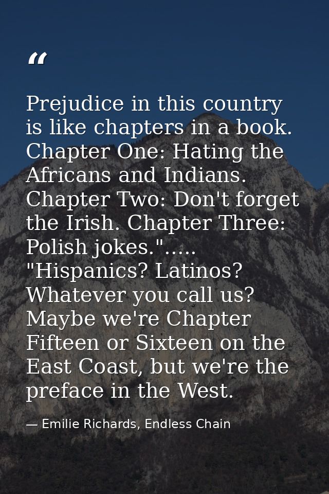 Prejudice in this country is like chapters in a book. Chapter One: Hating the Africans and Indians. Chapter Two: Don't f — Emilie Richards, Endless Chain