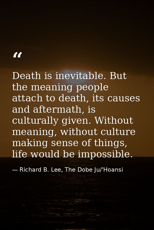 Death is inevitable. But the meaning people attach to death, its causes and aftermath, is culturally given. Without mean — Richard B. Lee, The Dobe Ju/'Hoansi