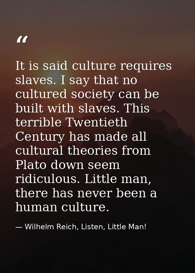 It is said culture requires slaves. I say that no cultured society can be built with slaves. This terrible Twentieth Cen — Wilhelm Reich, Listen, Little Man!