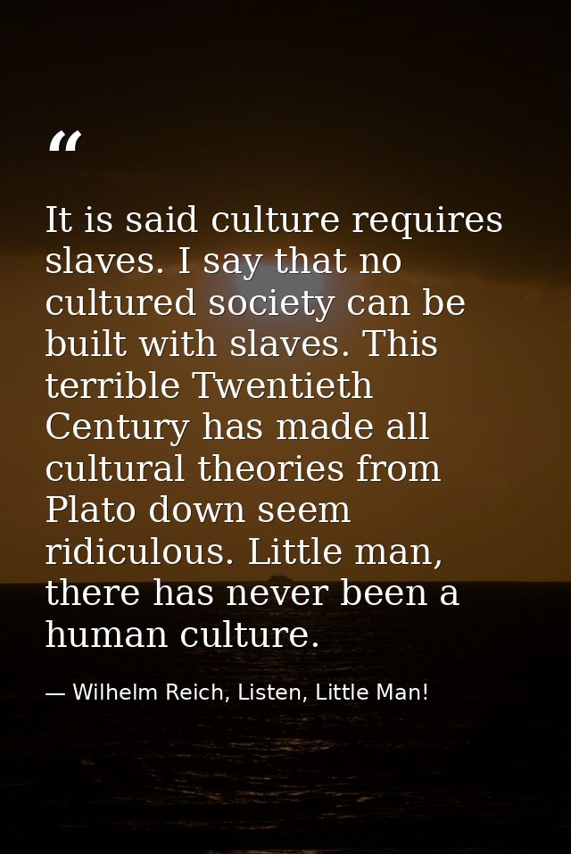 It is said culture requires slaves. I say that no cultured society can be built with slaves. This terrible Twentieth Cen — Wilhelm Reich, Listen, Little Man!