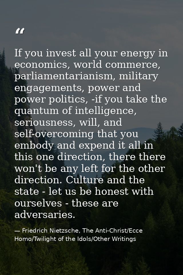 If you invest all your energy in economics, world commerce, parliamentarianism, military engagements, power and power po — Friedrich Nietzsche, The Anti-Christ/Ecce Homo/Twilight of the Idols/Other Writings