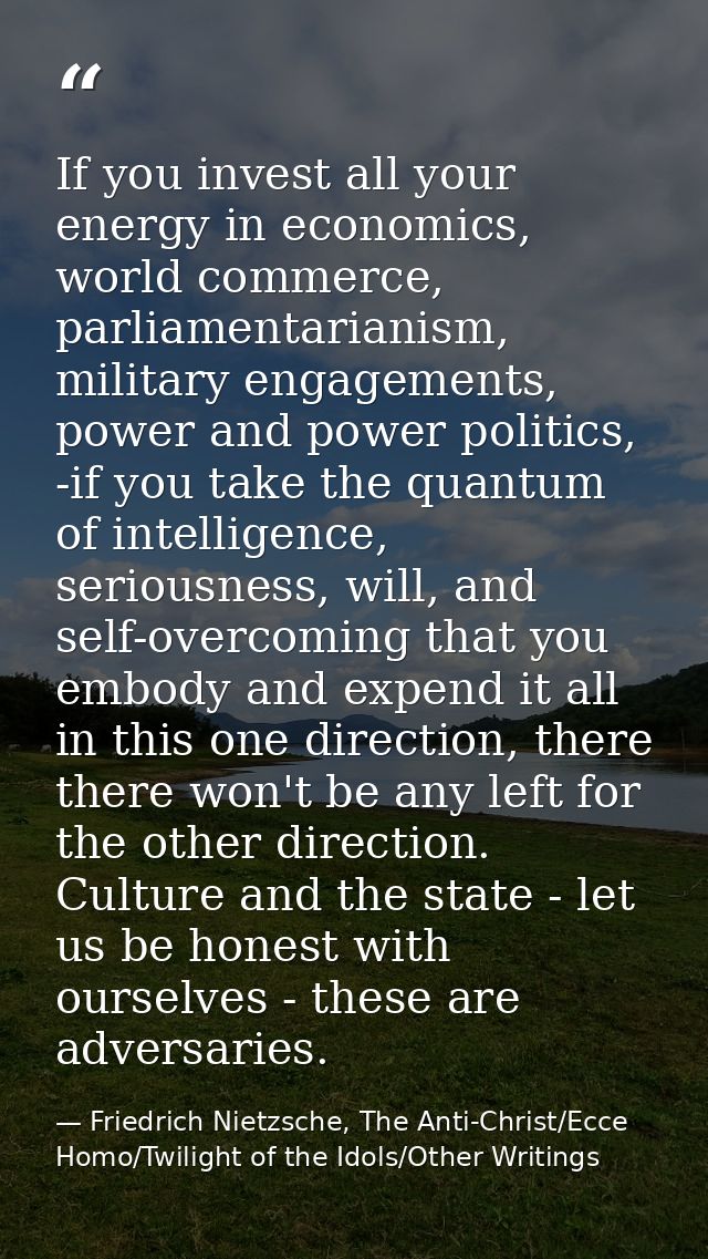 If you invest all your energy in economics, world commerce, parliamentarianism, military engagements, power and power po — Friedrich Nietzsche, The Anti-Christ/Ecce Homo/Twilight of the Idols/Other Writings