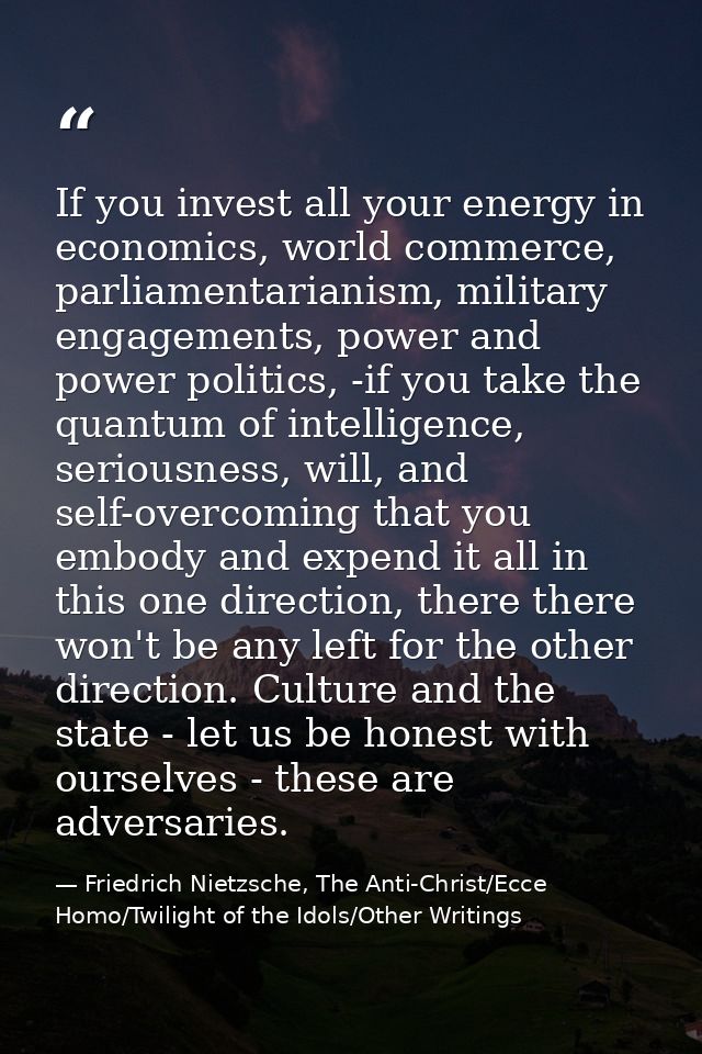 If you invest all your energy in economics, world commerce, parliamentarianism, military engagements, power and power po — Friedrich Nietzsche, The Anti-Christ/Ecce Homo/Twilight of the Idols/Other Writings