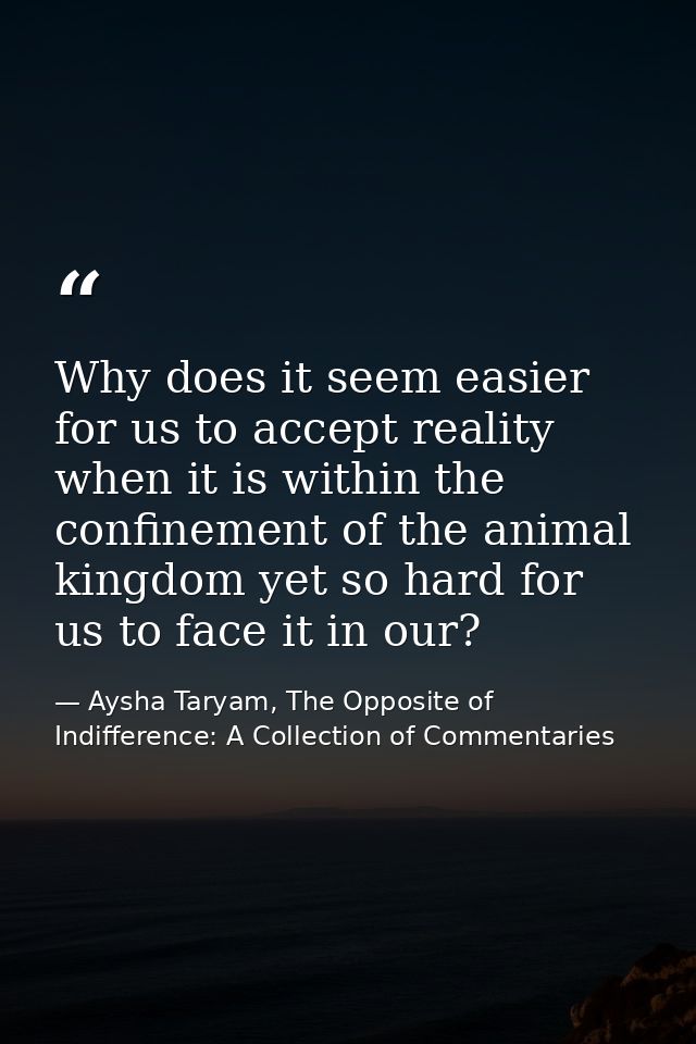 Why does it seem easier for us to accept reality when it is within the confinement of the animal kingdom yet so hard for — Aysha Taryam, The Opposite of Indifference: A Collection of Commentaries