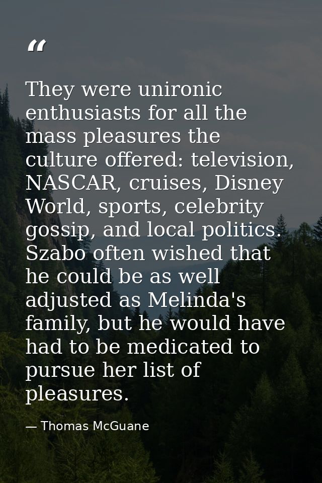They were unironic enthusiasts for all the mass pleasures the culture offered: television, NASCAR, cruises, Disney World — Thomas McGuane