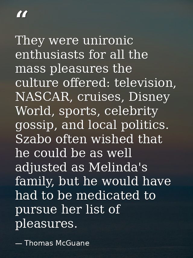 They were unironic enthusiasts for all the mass pleasures the culture offered: television, NASCAR, cruises, Disney World — Thomas McGuane