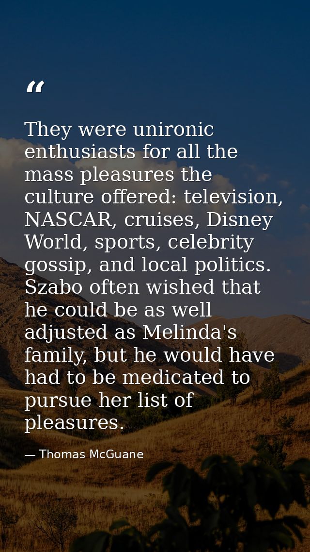 They were unironic enthusiasts for all the mass pleasures the culture offered: television, NASCAR, cruises, Disney World — Thomas McGuane