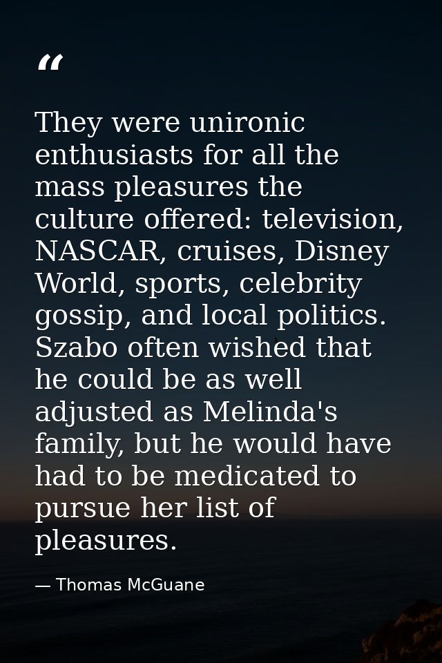 They were unironic enthusiasts for all the mass pleasures the culture offered: television, NASCAR, cruises, Disney World — Thomas McGuane