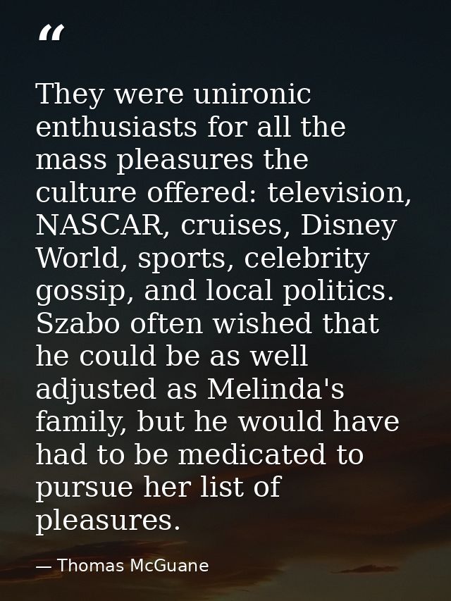 They were unironic enthusiasts for all the mass pleasures the culture offered: television, NASCAR, cruises, Disney World — Thomas McGuane