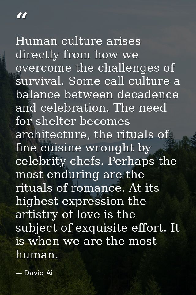 Human culture arises directly from how we overcome the challenges of survival. Some call culture a balance between decad — David Ai