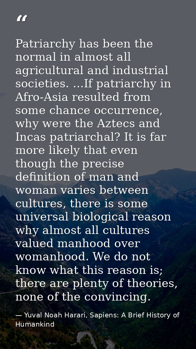 Patriarchy has been the normal in almost all agricultural and industrial societies. ...If patriarchy in Afro-Asia result — Yuval Noah Harari, Sapiens: A Brief History of Humankind