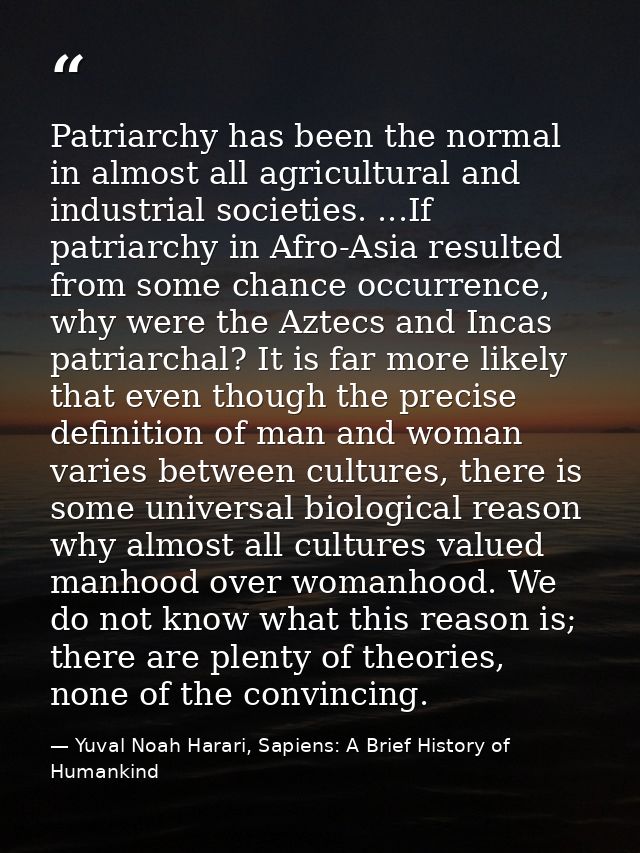 Patriarchy has been the normal in almost all agricultural and industrial societies. ...If patriarchy in Afro-Asia result — Yuval Noah Harari, Sapiens: A Brief History of Humankind