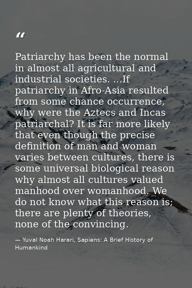 Patriarchy has been the normal in almost all agricultural and industrial societies. ...If patriarchy in Afro-Asia result — Yuval Noah Harari, Sapiens: A Brief History of Humankind