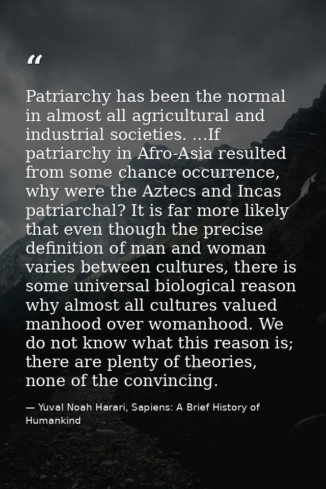 Patriarchy has been the normal in almost all agricultural and industrial societies. ...If patriarchy in Afro-Asia result — Yuval Noah Harari, Sapiens: A Brief History of Humankind