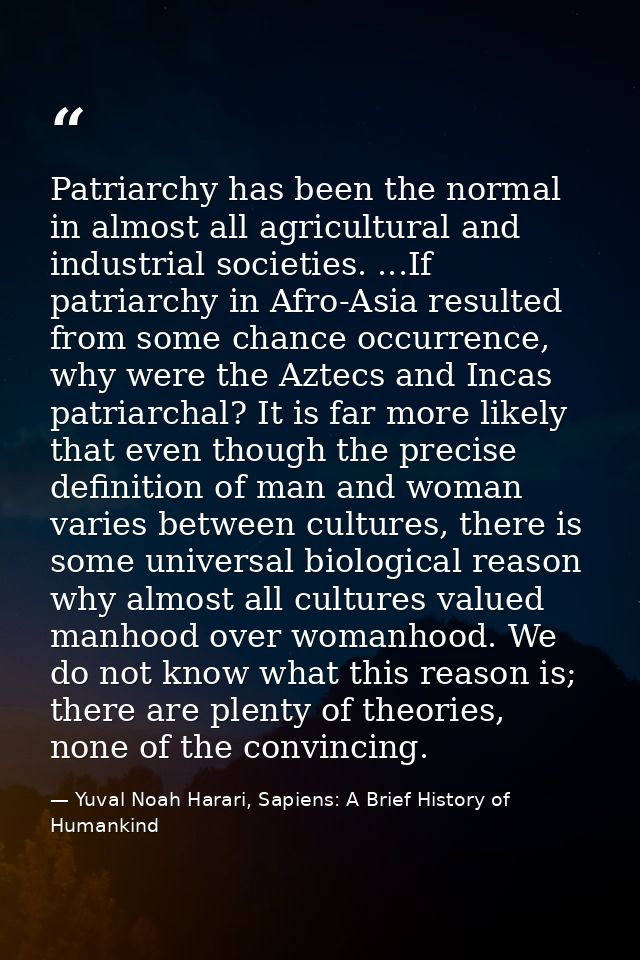 Patriarchy has been the normal in almost all agricultural and industrial societies. ...If patriarchy in Afro-Asia result — Yuval Noah Harari, Sapiens: A Brief History of Humankind