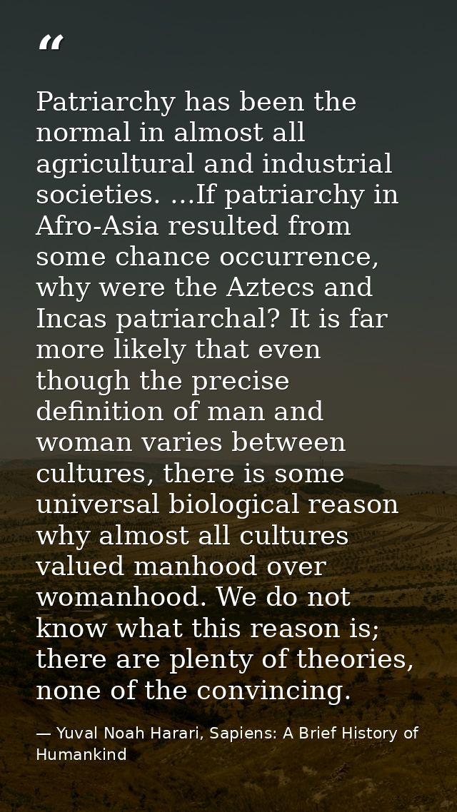 Patriarchy has been the normal in almost all agricultural and industrial societies. ...If patriarchy in Afro-Asia result — Yuval Noah Harari, Sapiens: A Brief History of Humankind
