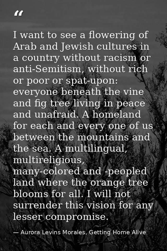 I want to see a flowering of Arab and Jewish cultures in a country without racism or anti-Semitism, without rich or poor — Aurora Levins Morales, Getting Home Alive