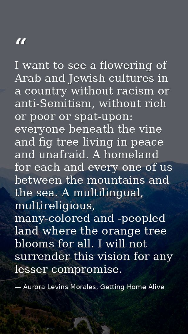 I want to see a flowering of Arab and Jewish cultures in a country without racism or anti-Semitism, without rich or poor — Aurora Levins Morales, Getting Home Alive