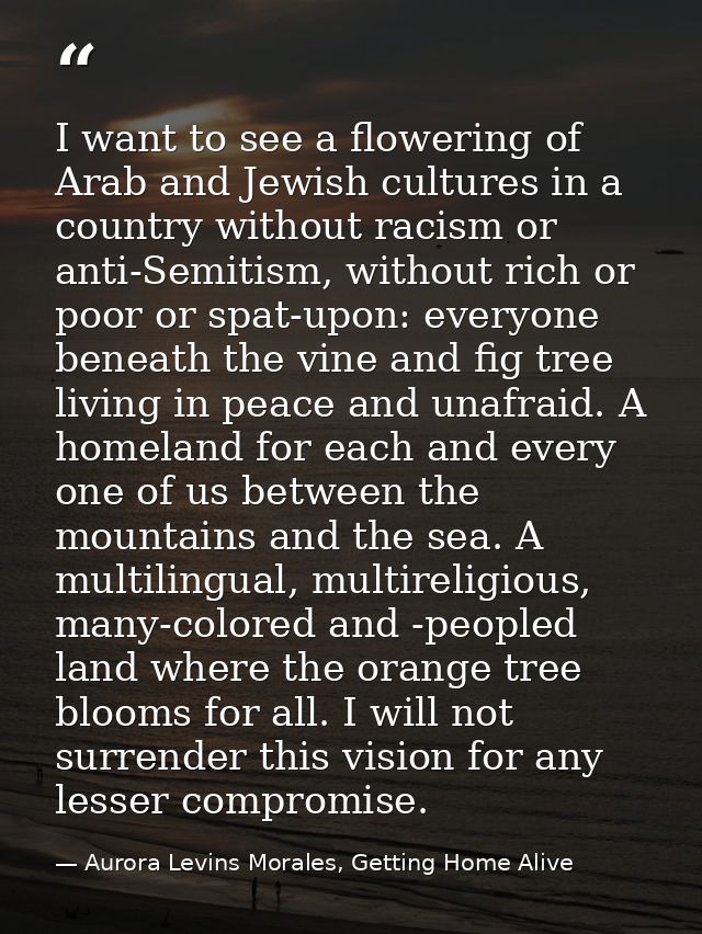 I want to see a flowering of Arab and Jewish cultures in a country without racism or anti-Semitism, without rich or poor — Aurora Levins Morales, Getting Home Alive