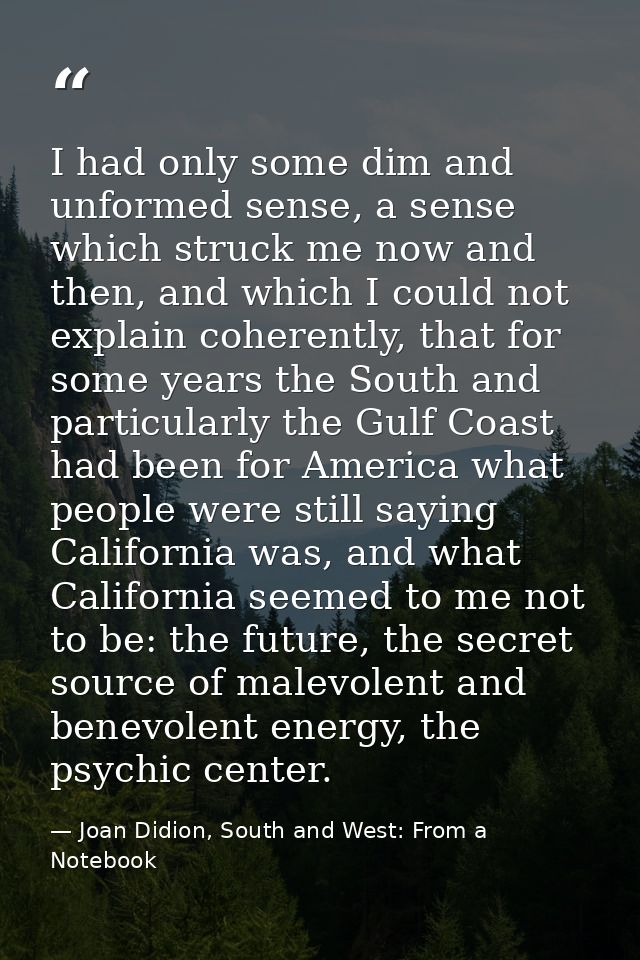 I had only some dim and unformed sense, a sense which struck me now and then, and which I could not explain coherently,  — Joan Didion, South and West: From a Notebook