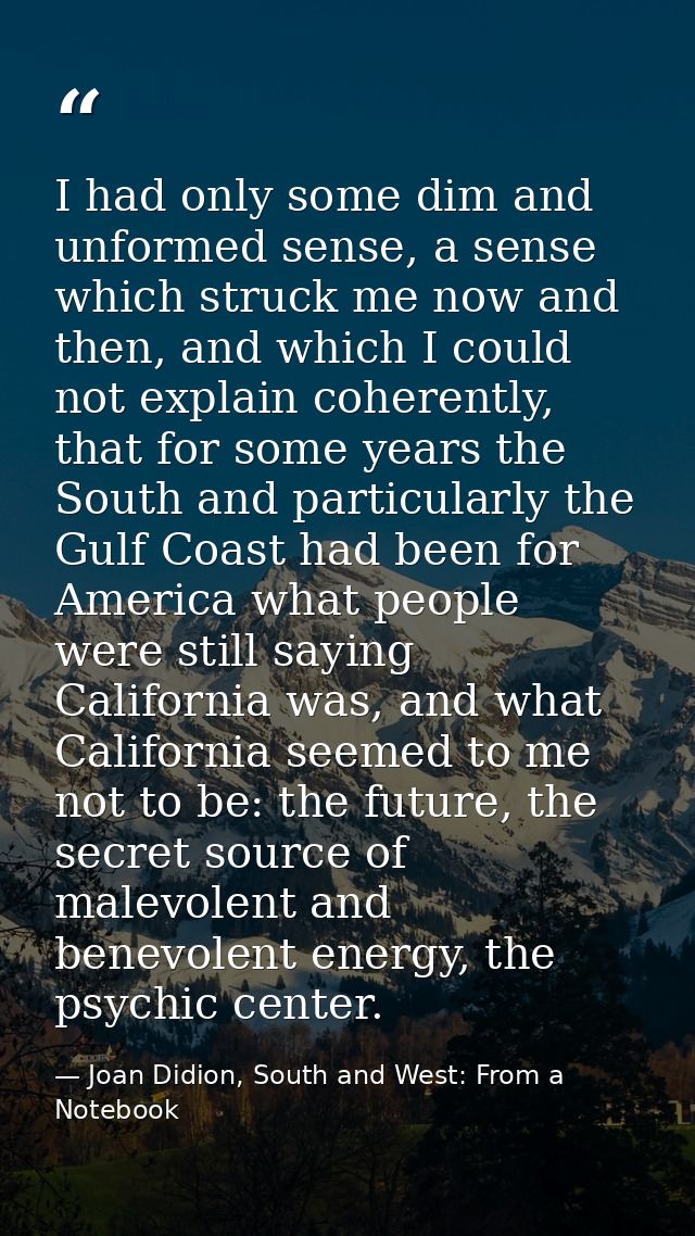 I had only some dim and unformed sense, a sense which struck me now and then, and which I could not explain coherently,  — Joan Didion, South and West: From a Notebook