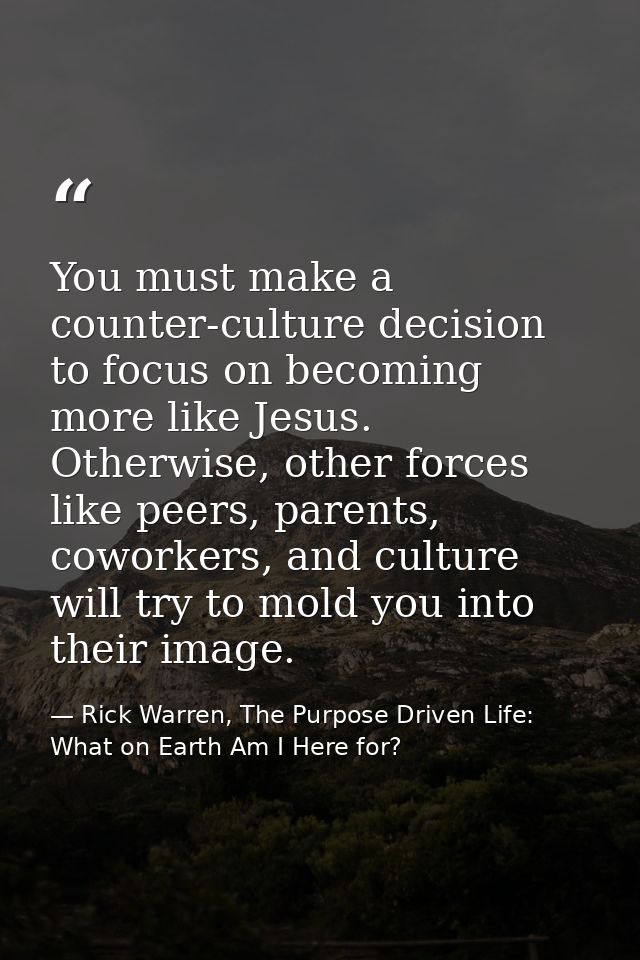 You must make a counter-culture decision to focus on becoming more like Jesus. Otherwise, other forces like peers, paren — Rick Warren, The Purpose Driven Life: What on Earth Am I Here for?