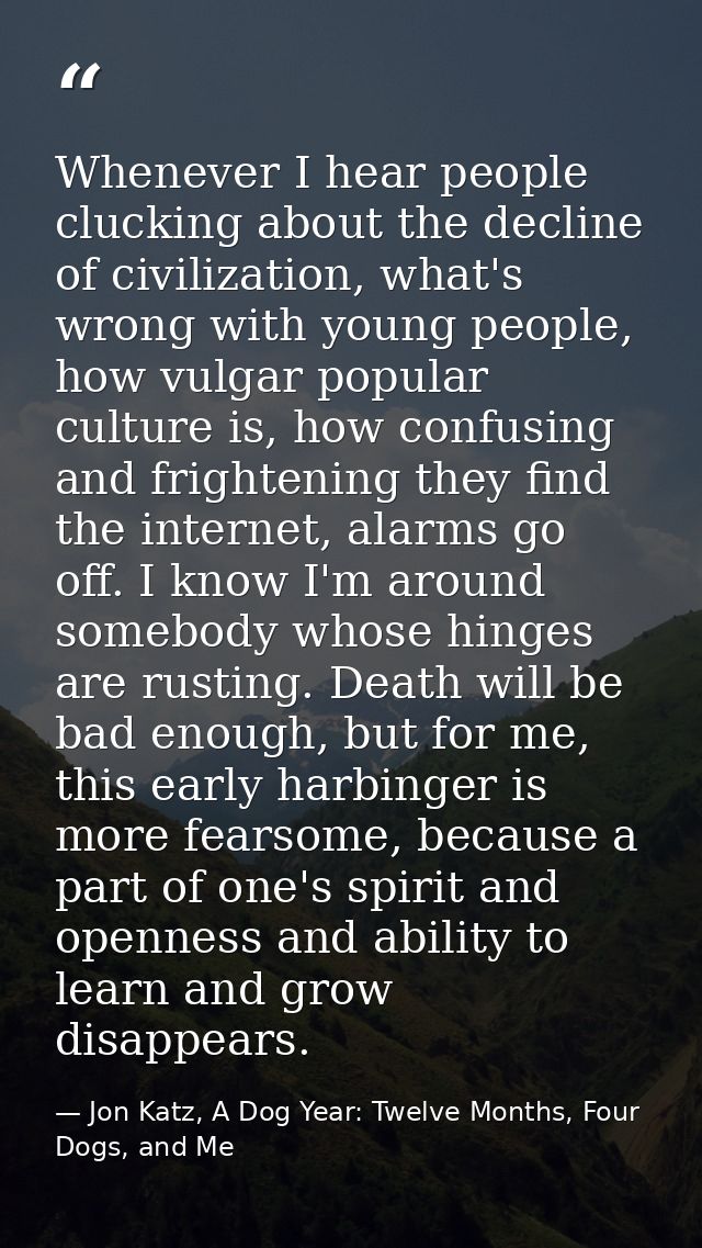 Whenever I hear people clucking about the decline of civilization, what's wrong with young people, how vulgar popular cu — Jon Katz, A Dog Year: Twelve Months, Four Dogs, and Me