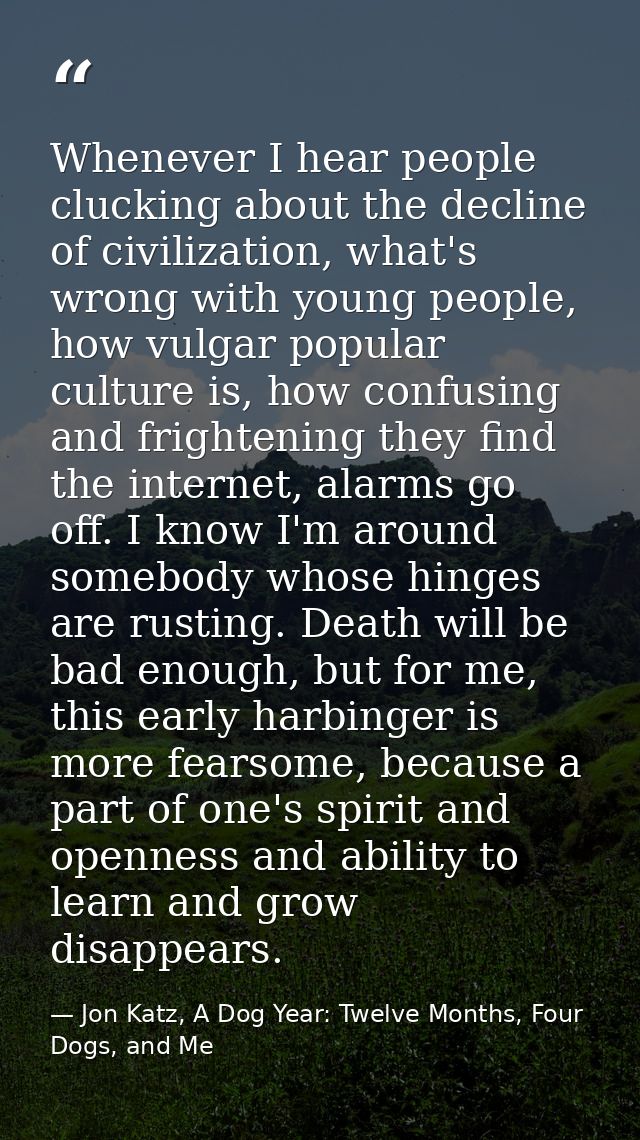 Whenever I hear people clucking about the decline of civilization, what's wrong with young people, how vulgar popular cu — Jon Katz, A Dog Year: Twelve Months, Four Dogs, and Me