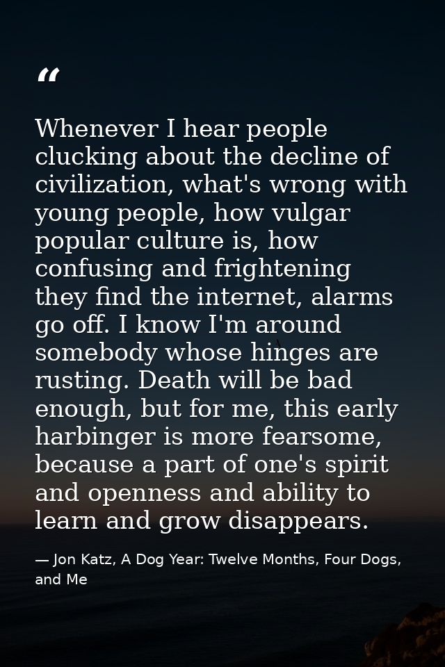 Whenever I hear people clucking about the decline of civilization, what's wrong with young people, how vulgar popular cu — Jon Katz, A Dog Year: Twelve Months, Four Dogs, and Me