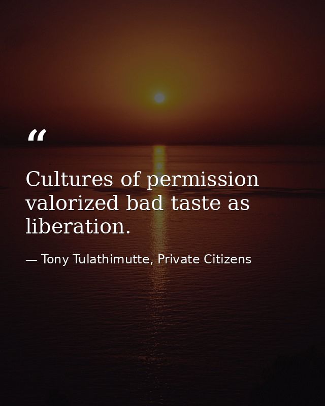 Cultures of permission valorized bad taste as liberation. — Tony Tulathimutte, Private Citizens