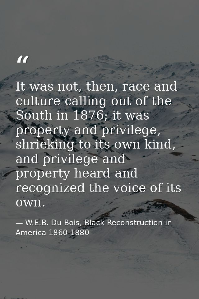 It was not, then, race and culture calling out of the South in 1876; it was property and privilege, shrieking to its own — W.E.B. Du Bois, Black Reconstruction in America 1860-1880