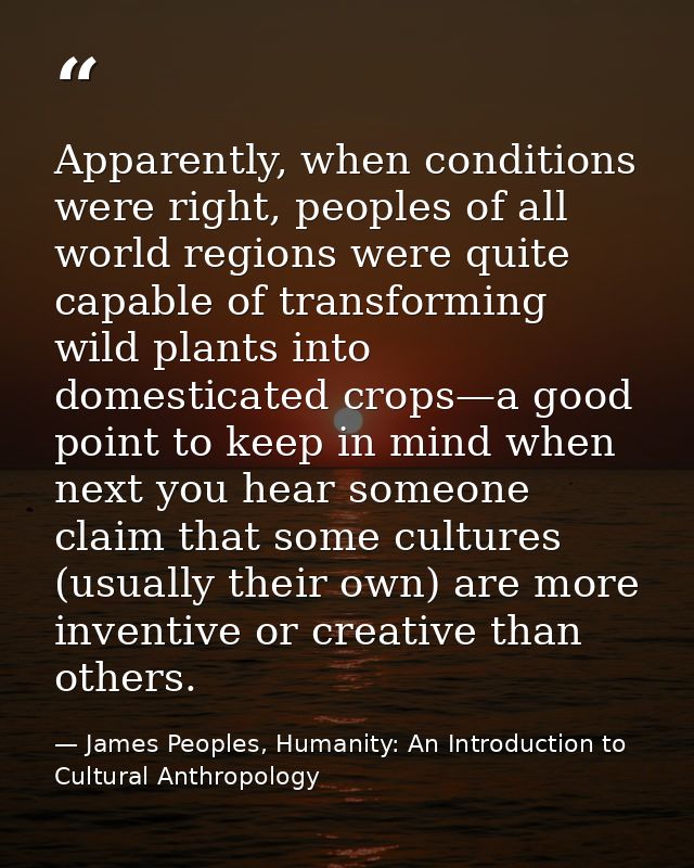 Apparently, when conditions were right, peoples of all world regions were quite capable of transforming wild plants into — James Peoples, Humanity: An Introduction to Cultural Anthropology