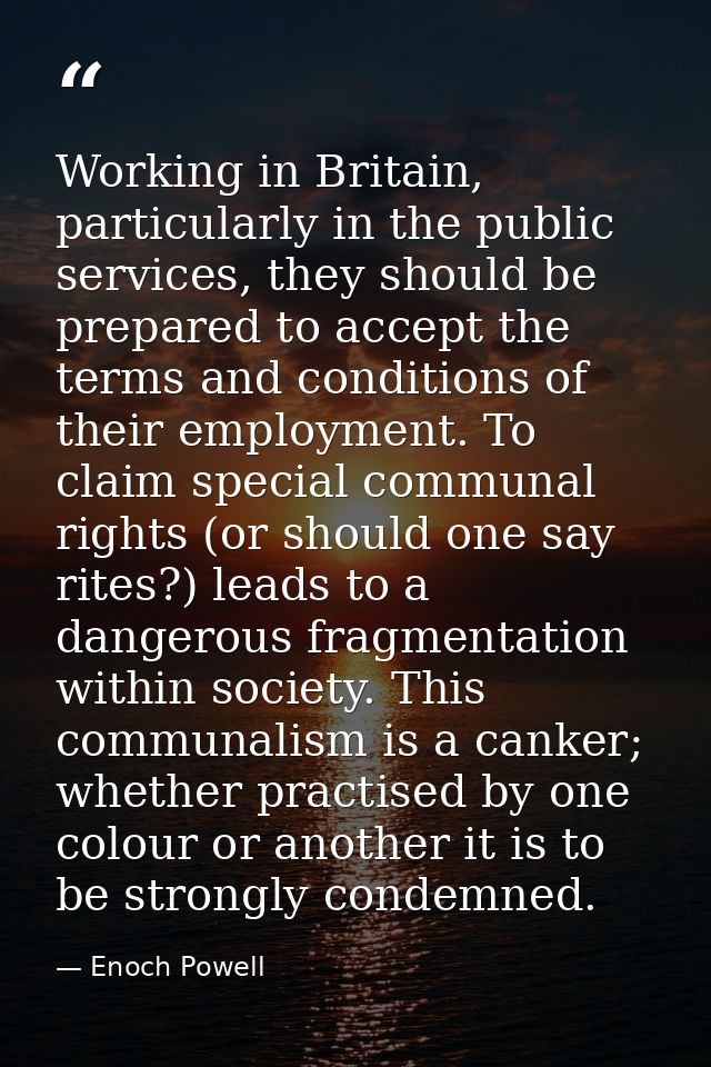 Working in Britain, particularly in the public services, they should be prepared to accept the terms and conditions of t — Enoch Powell