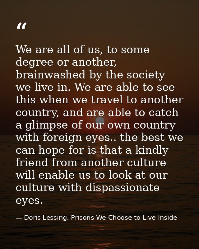 We are all of us, to some degree or another, brainwashed by the society we live in. We are able to see this when we trav — Doris Lessing, Prisons We Choose to Live Inside