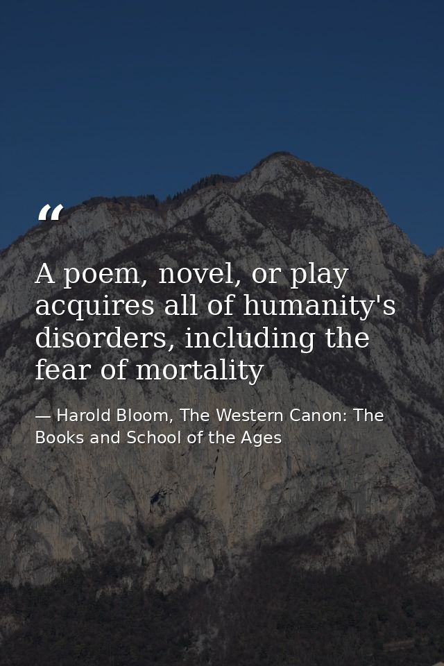 A poem, novel, or play acquires all of humanity's disorders, including the fear of mortality — Harold Bloom, The Western Canon: The Books and School of the Ages