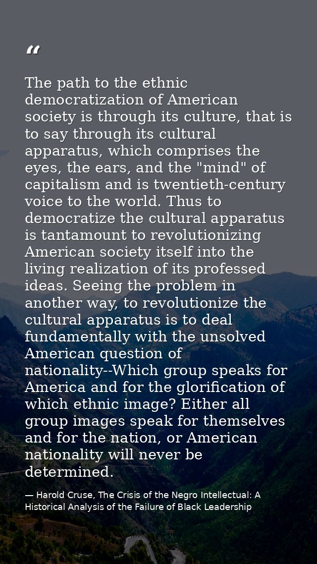 The path to the ethnic democratization of American society is through its culture, that is to say through its cultural a — Harold Cruse, The Crisis of the Negro Intellectual: A Historical Analysis of the Failure of Black Leadership