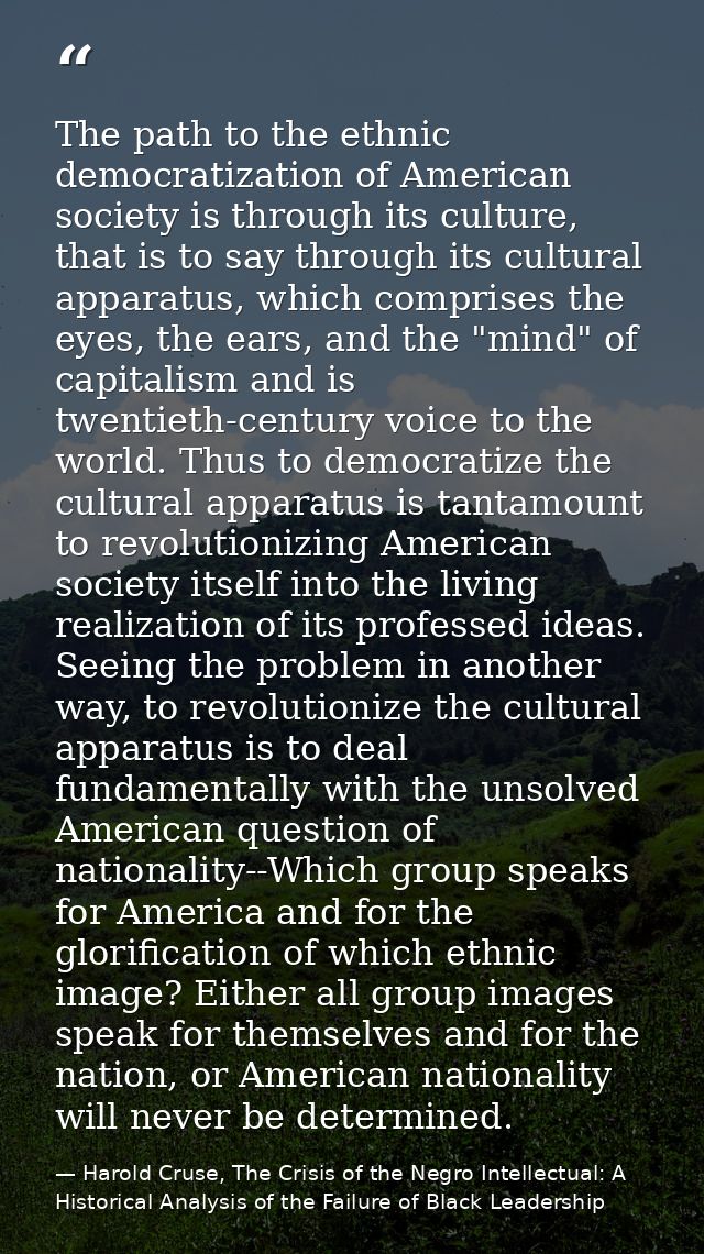 The path to the ethnic democratization of American society is through its culture, that is to say through its cultural a — Harold Cruse, The Crisis of the Negro Intellectual: A Historical Analysis of the Failure of Black Leadership