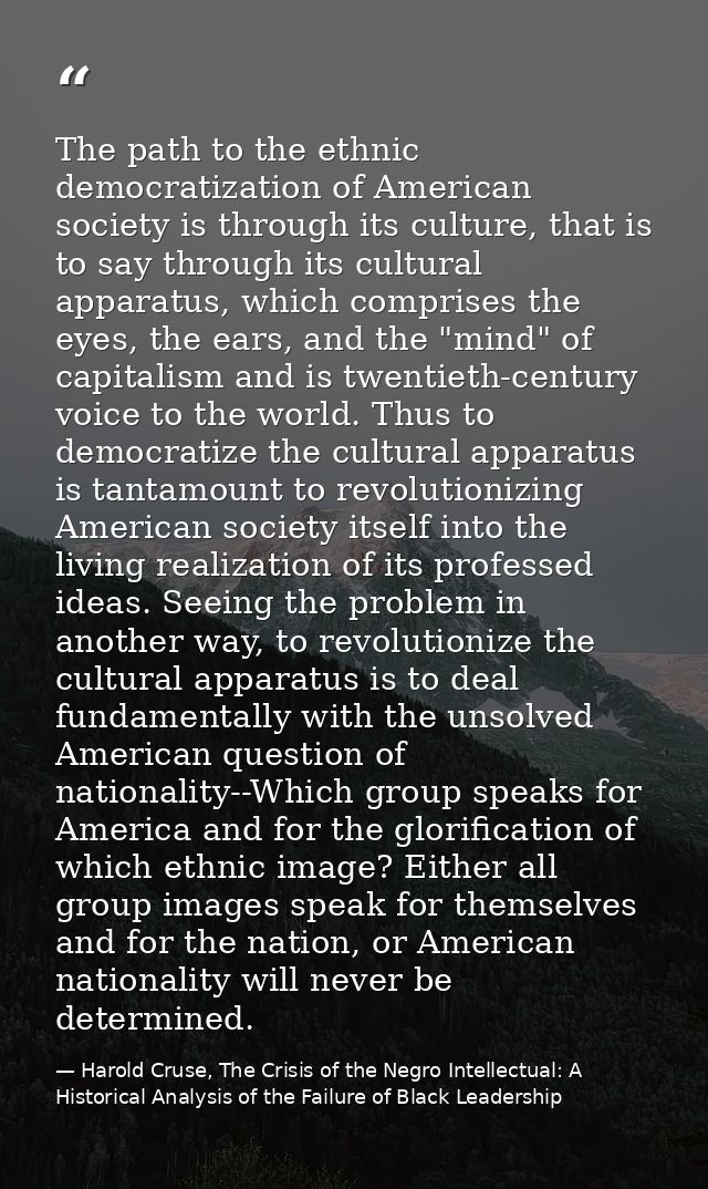 The path to the ethnic democratization of American society is through its culture, that is to say through its cultural a — Harold Cruse, The Crisis of the Negro Intellectual: A Historical Analysis of the Failure of Black Leadership