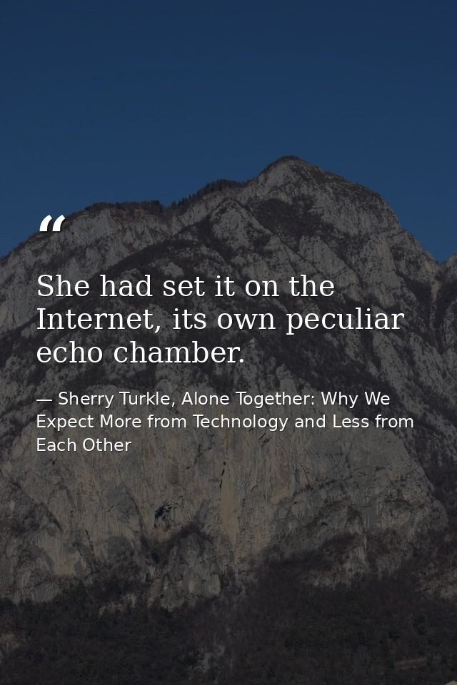 She had set it on the Internet, its own peculiar echo chamber. — Sherry Turkle, Alone Together: Why We Expect More from Technology and Less from Each Other