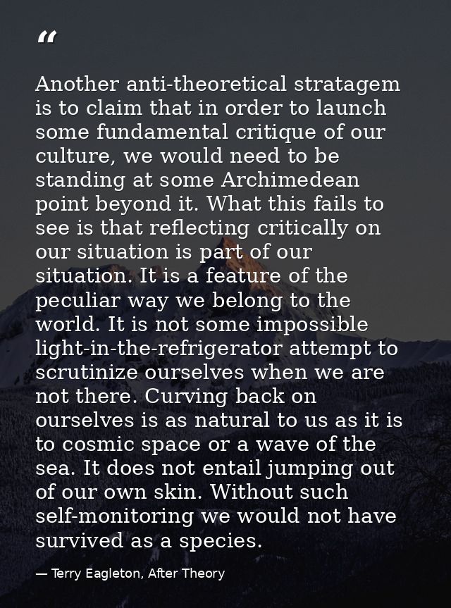 Another anti-theoretical stratagem is to claim that in order to launch some fundamental critique of our culture, we woul — Terry Eagleton, After Theory