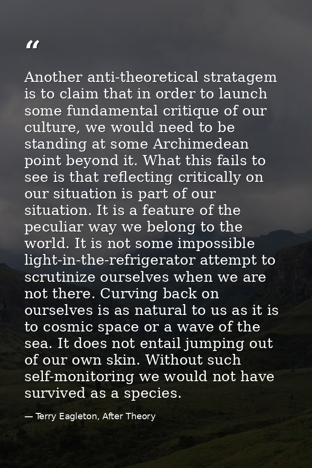 Another anti-theoretical stratagem is to claim that in order to launch some fundamental critique of our culture, we woul — Terry Eagleton, After Theory