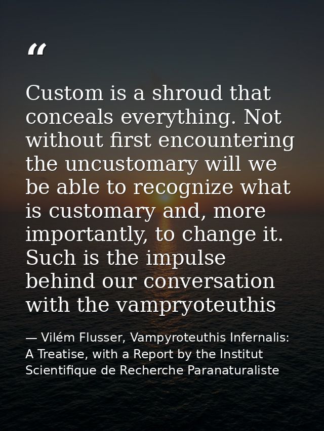 Custom is a shroud that conceals everything. Not without first encountering the uncustomary will we be able to recognize — Vilém Flusser, Vampyroteuthis Infernalis: A Treatise, with a Report by the Institut Scientifique de Recherche Paranaturaliste
